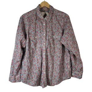 Sonoma All Over Floral Top Pink Red 1X Long Sleeve Collar Button Pockets Cotton